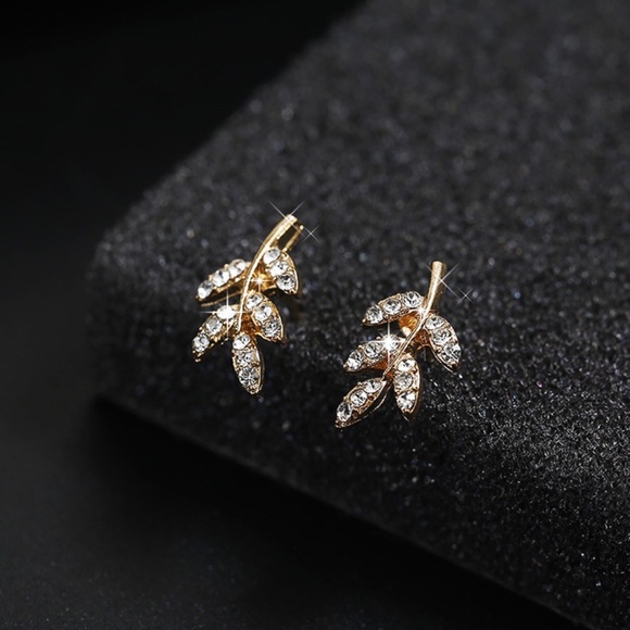 Gold & Crystal Leaf Stud Earrings - Picture 3 of 8